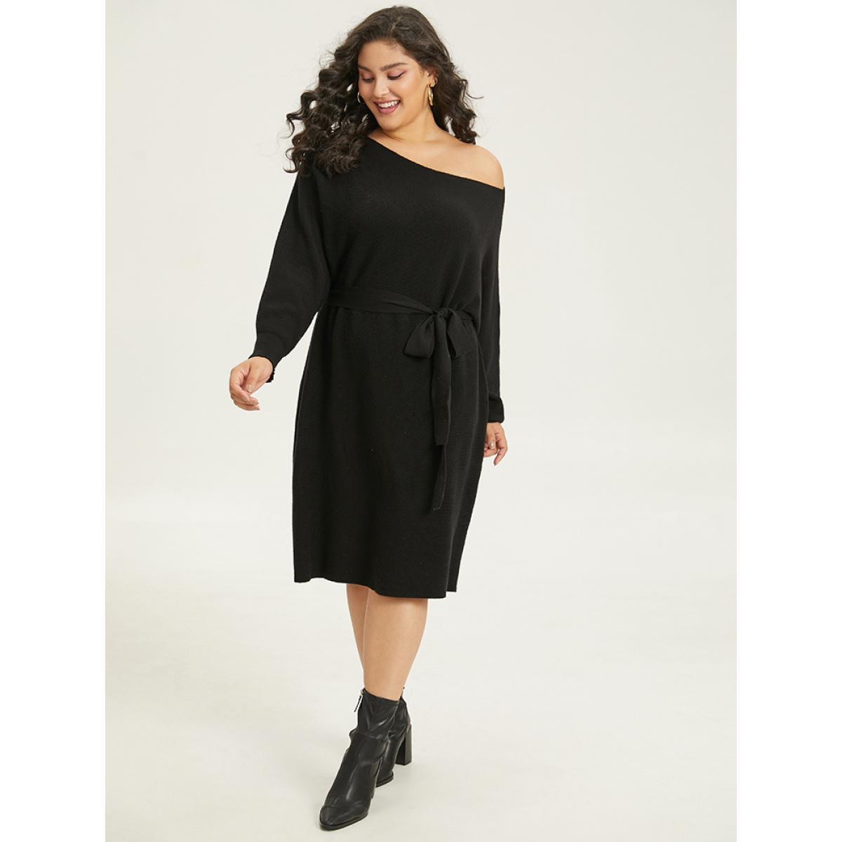 Plus Size Supersoft Essentials Boat Neck Belted Sweater Dress Black Women Casual Long Sleeve Everyday Sweater Dresses BloomChic 12/L Product Image