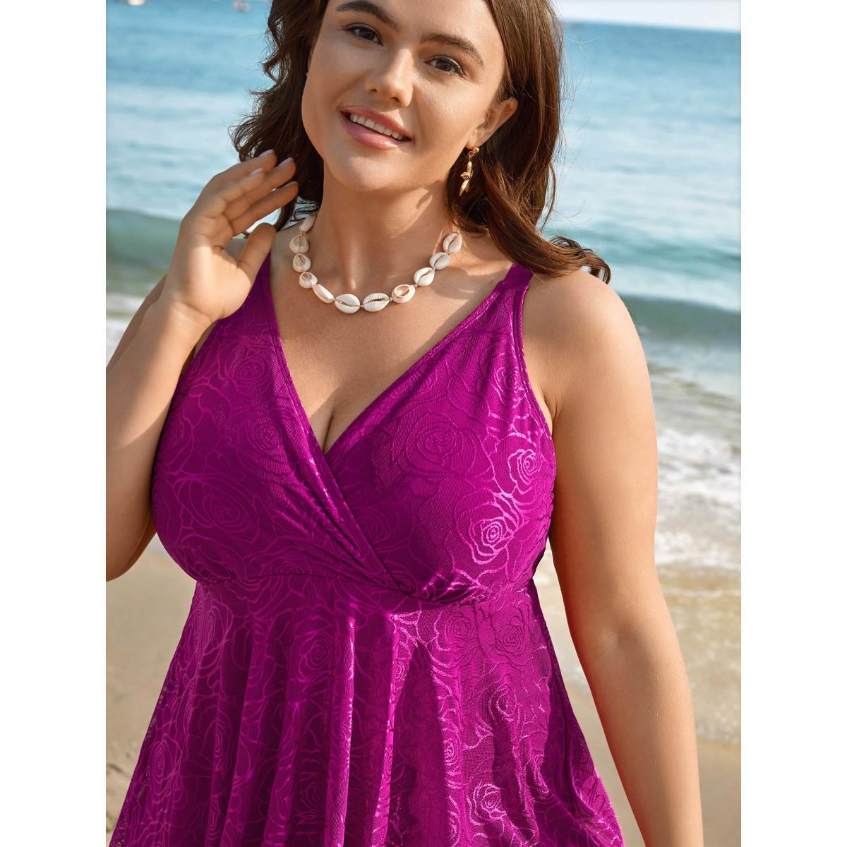 Plus Size Rosy Pattern Surplice Neck Flared Swim Dress Women's Swimwear RedViolet Beach Bodycon Overlap Collar High stretch Curve Swim Dresses BloomChic 28/5X Product Image