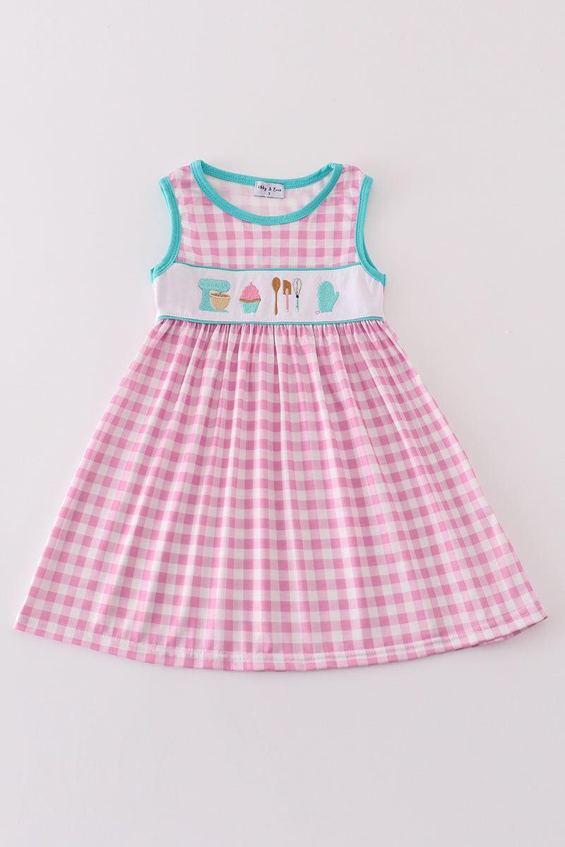 Pink let's baking embroidery gingham dress Product Image