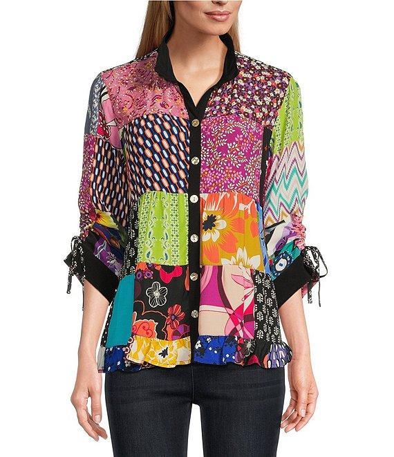 John Mark Woven Patch Print Wire Collar 3/4 Cinch Tie Sleeve Button Front Shirt Product Image