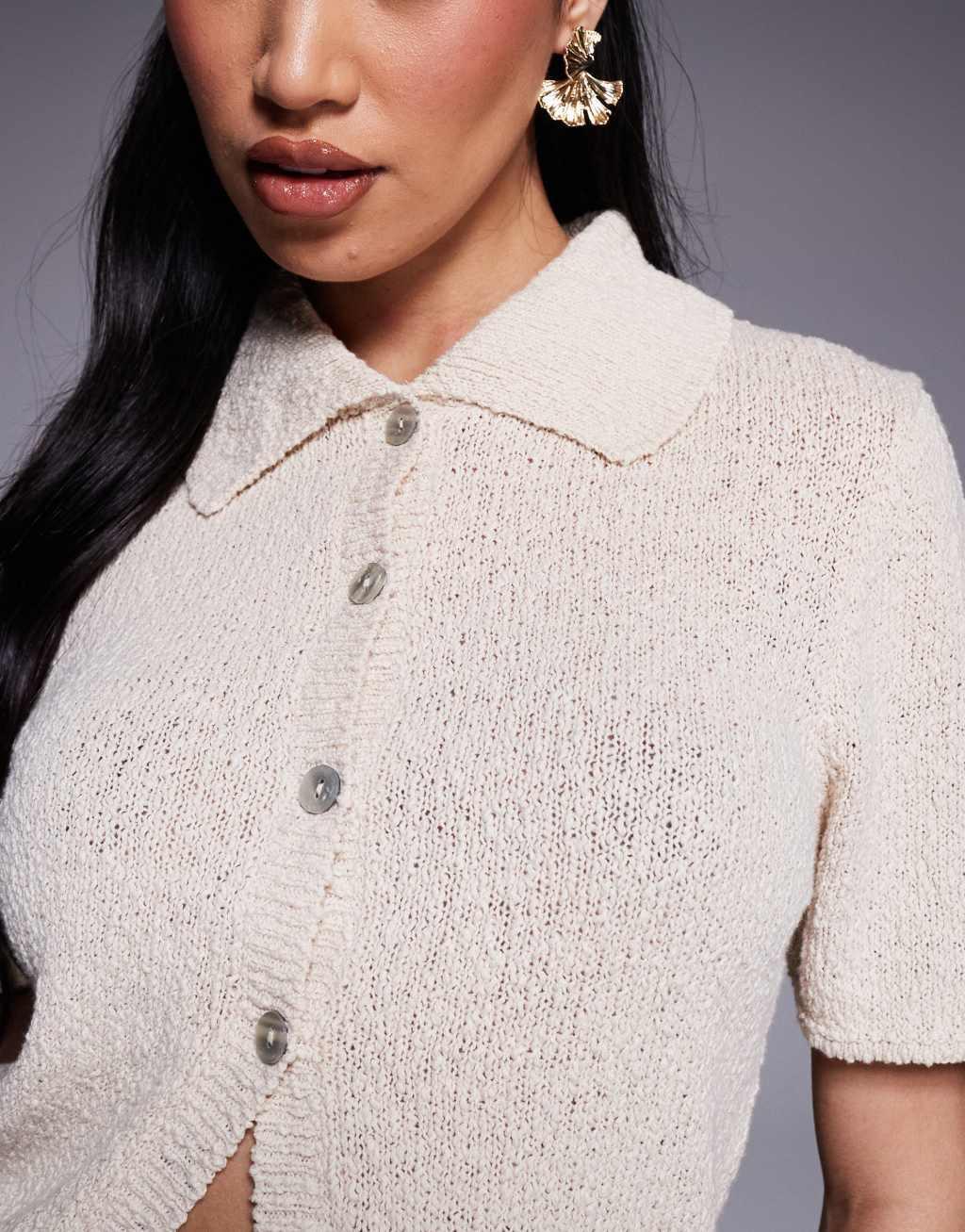 ASOS DESIGN short sleeve boucle cardigan with curved hem in ecru Product Image