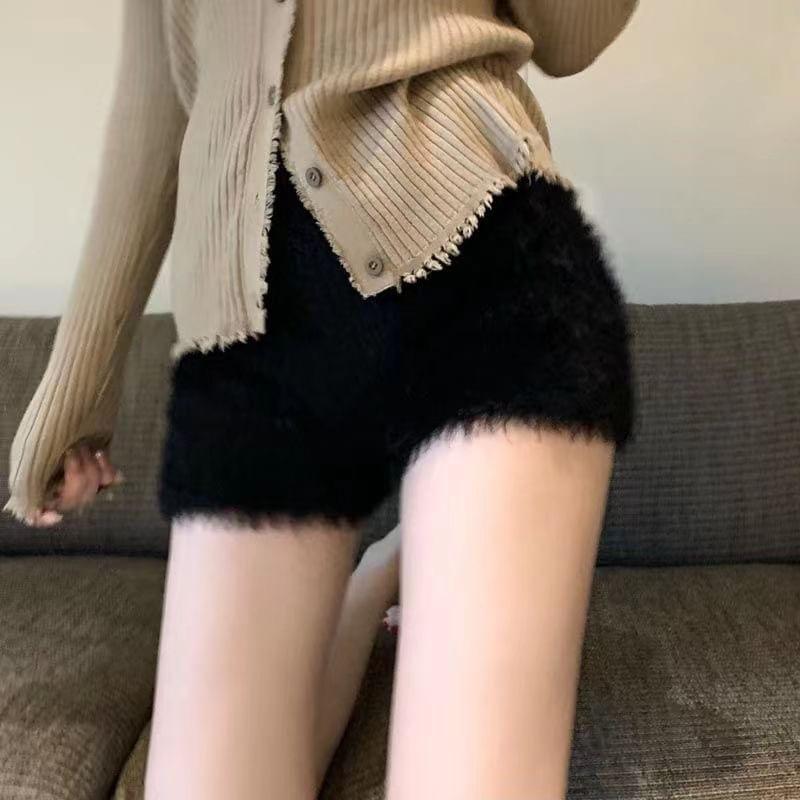 High Waist Plain Fluffy Knit Shorts Product Image