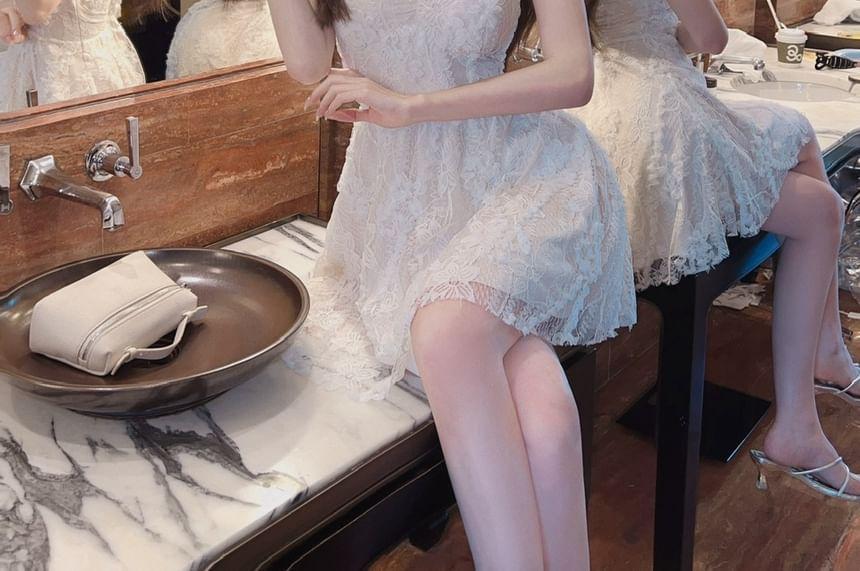 Spaghetti Strap V-Neck Lace Mini A-Line Dress Product Image