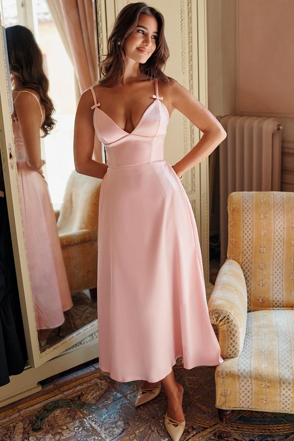 Tiffany  parisian pink satin a-line midi dress Product Image