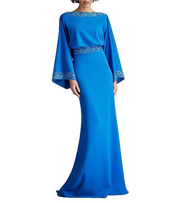Tadashi Shoji Crepe Embroidered Trim Boat Neck Dolman Long Sleeve Deep Cowl Back Gown Product Image
