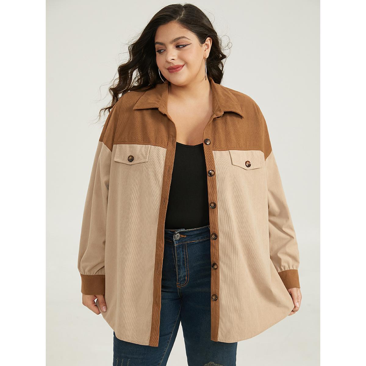 Plus Size Two Tone Button Through Patchwork Coat Women Tan Casual Contrast Ladies Dailywear Winter Coats BloomChic 30/6X Product Image