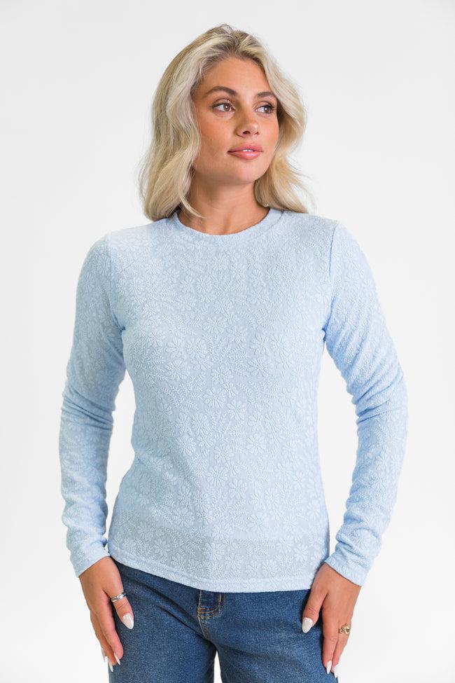 High Ambitions Blue Floral Textured Knit Fitted Top FINAL SALE Product Image