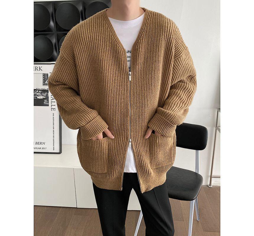 Long-Sleeve Double Zip Plain Cardigan Product Image