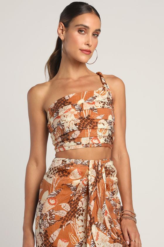 Something Wild Brown Multi Print Pleated One-Shoulder Crop Top Product Image