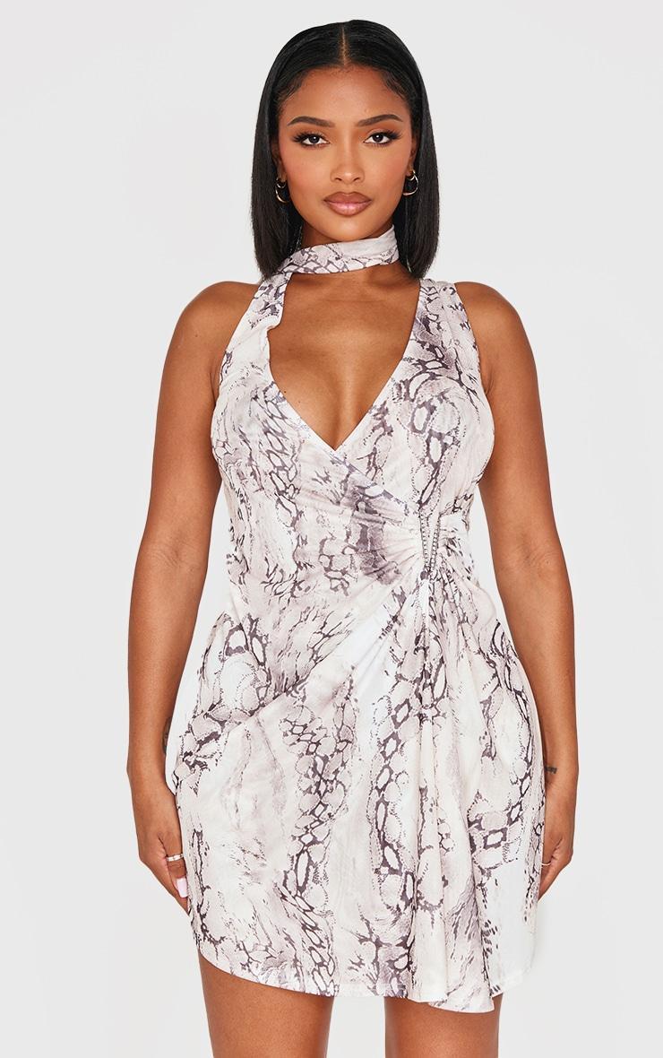 Shape White Snake Print Halter Neck Deep Plunge Diamante Trim Mini Dress Product Image