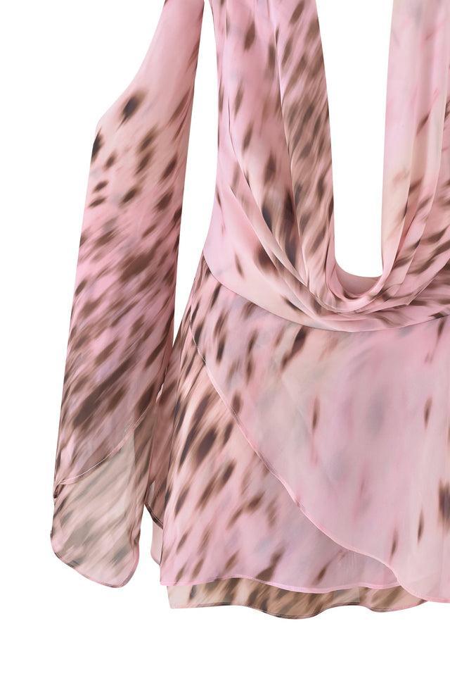 ROSANNA COWL HALTER MINI DRESS - BLURRED CHEETAH Product Image