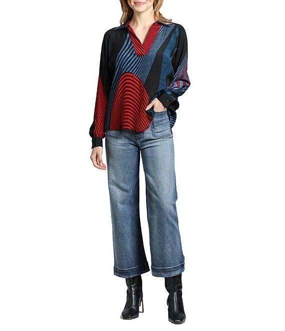 APNY Abstract Stripe Print V-Neckline Long Flounce Sleeve Blouse Product Image