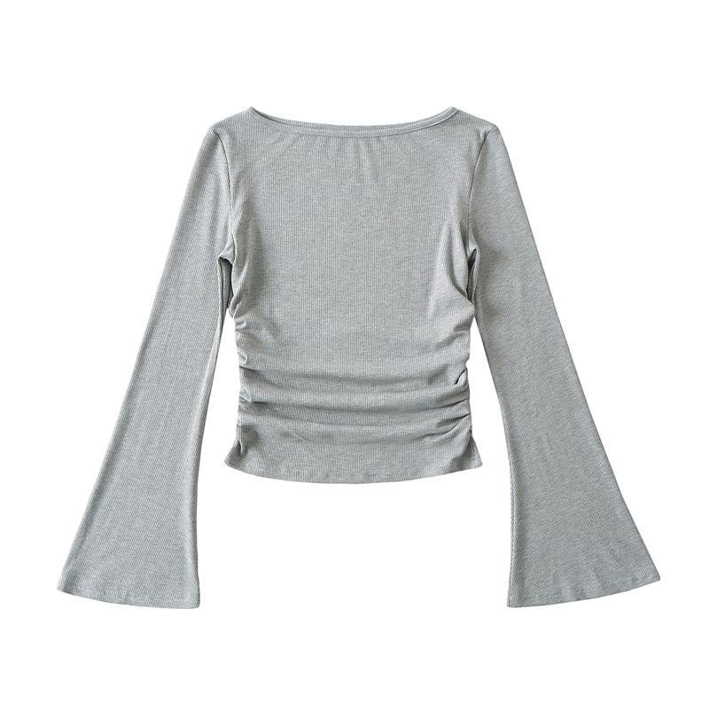 Flared-Sleeve Round Neck Plain Ruched Tee Product Image