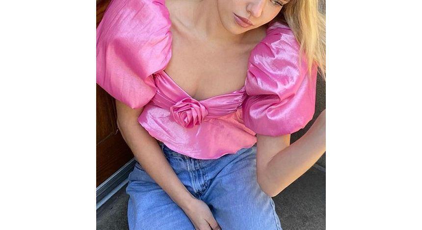 Puff Sleeve Square-Neck Ruched Satin Crop Blouse Product Image