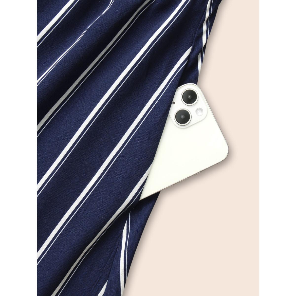 Plus Size Striped Shirred Lantern Sleeve Maxi Dress DarkBlue Women Elegant Tie knot U-neck Long Sleeve Curvy BloomChic 22-24/3X Product Image