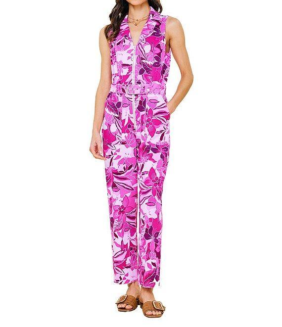 Skies Are Blue Floral Printed Twill Collar V-Neck Sleeveless Zip Front Jumpsuit Product Image
