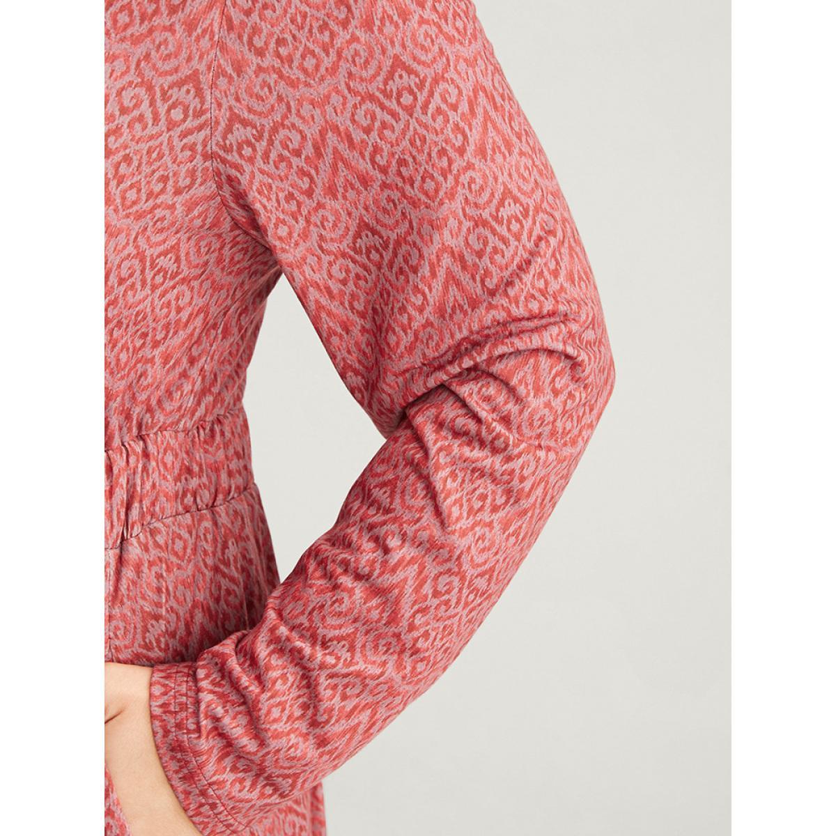 Plus Size Bandana Print Mock Neck Pocket Ruffle Hem Dress Scarlet Women Elegant Elastic Waist Mock Neck Long Sleeve Curvy Midi Dress BloomChic 30/6X Product Image