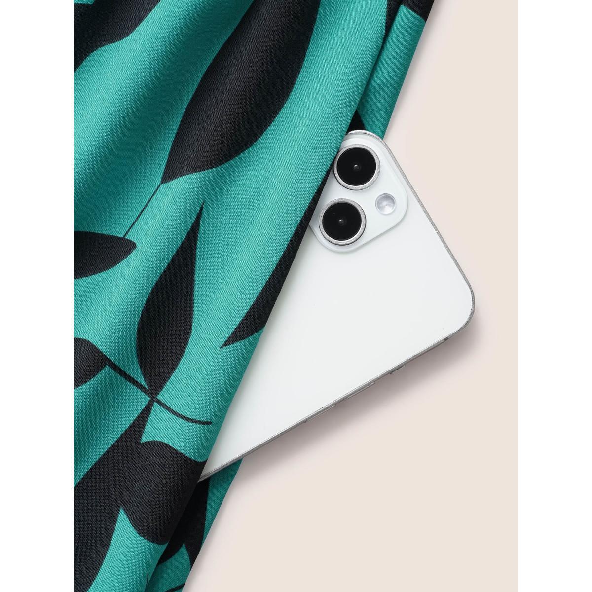 Plus Size Silhouette Floral Print Mock Neck Midi Dress Teal Women Elegant Gathered Mock Neck Short sleeve Curvy BloomChic 30/6X Product Image