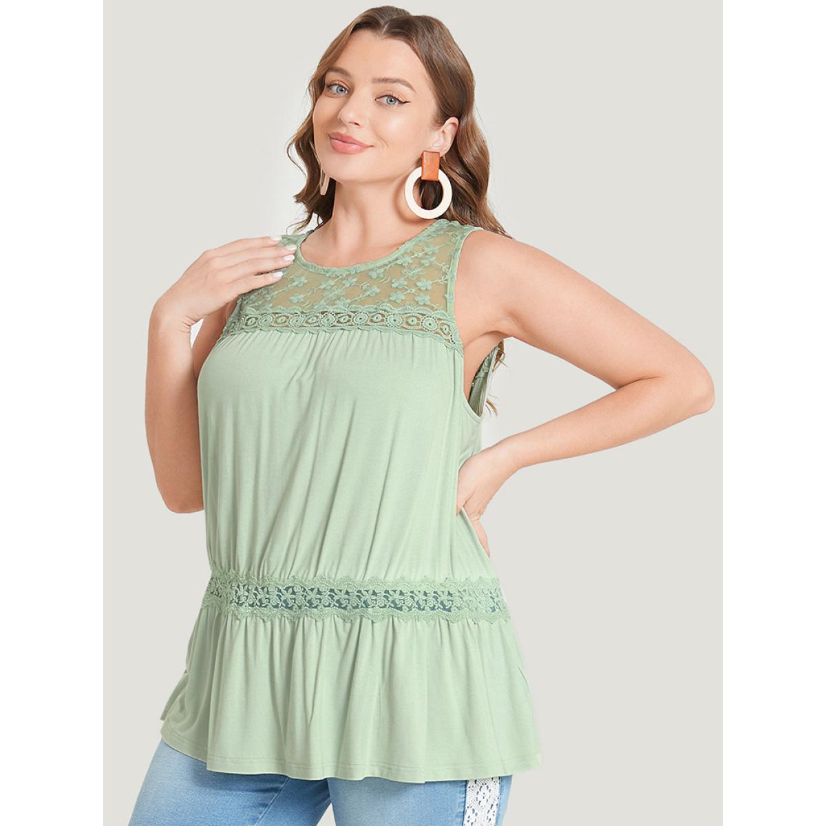 Plus Size Plain Contrast Lace Mesh Ruffle Hem Tank Top Women LightGreen Elegant Dailywear Tank Tops Camis BloomChic 14-16/1X Product Image