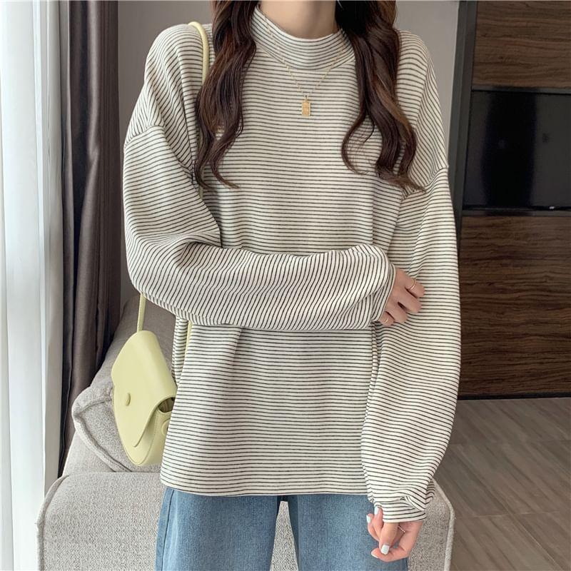 Long-Sleeve Mock Neck Striped T-Shirt Product Image