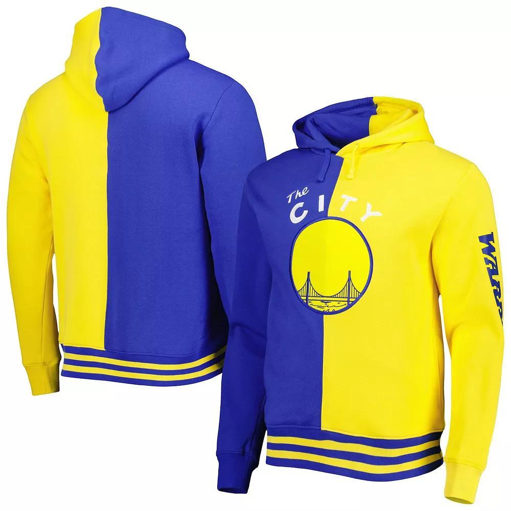 Men's Mitchell & Ness Royal/Gold Golden State Warriors Hardwood Classics Split Pullover Hoodie, Size: 3XL, Blue Product Image
