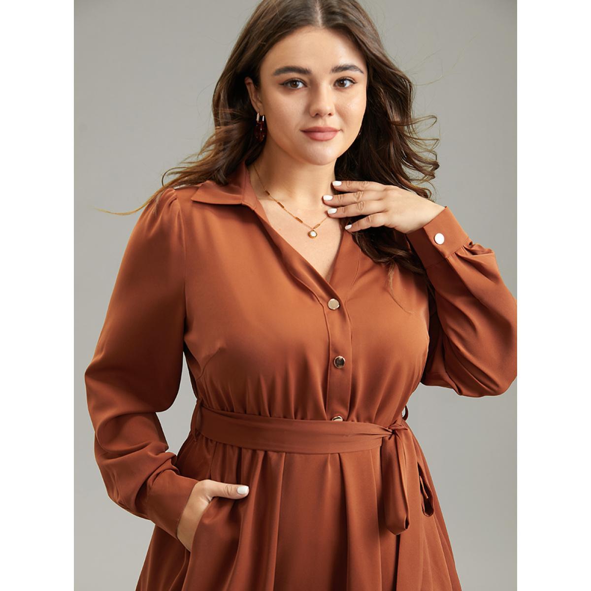 Plus Size Anti-Wrinkle Patchwork Button Up Belted Dress Rust Women Office Plain Lapel Collar Long Sleeve Curvy Midi Dress BloomChic 10/M Product Image