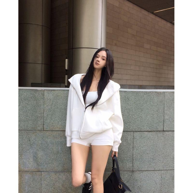 Spaghetti Strap Plain Romper / Zip Hoodie Product Image
