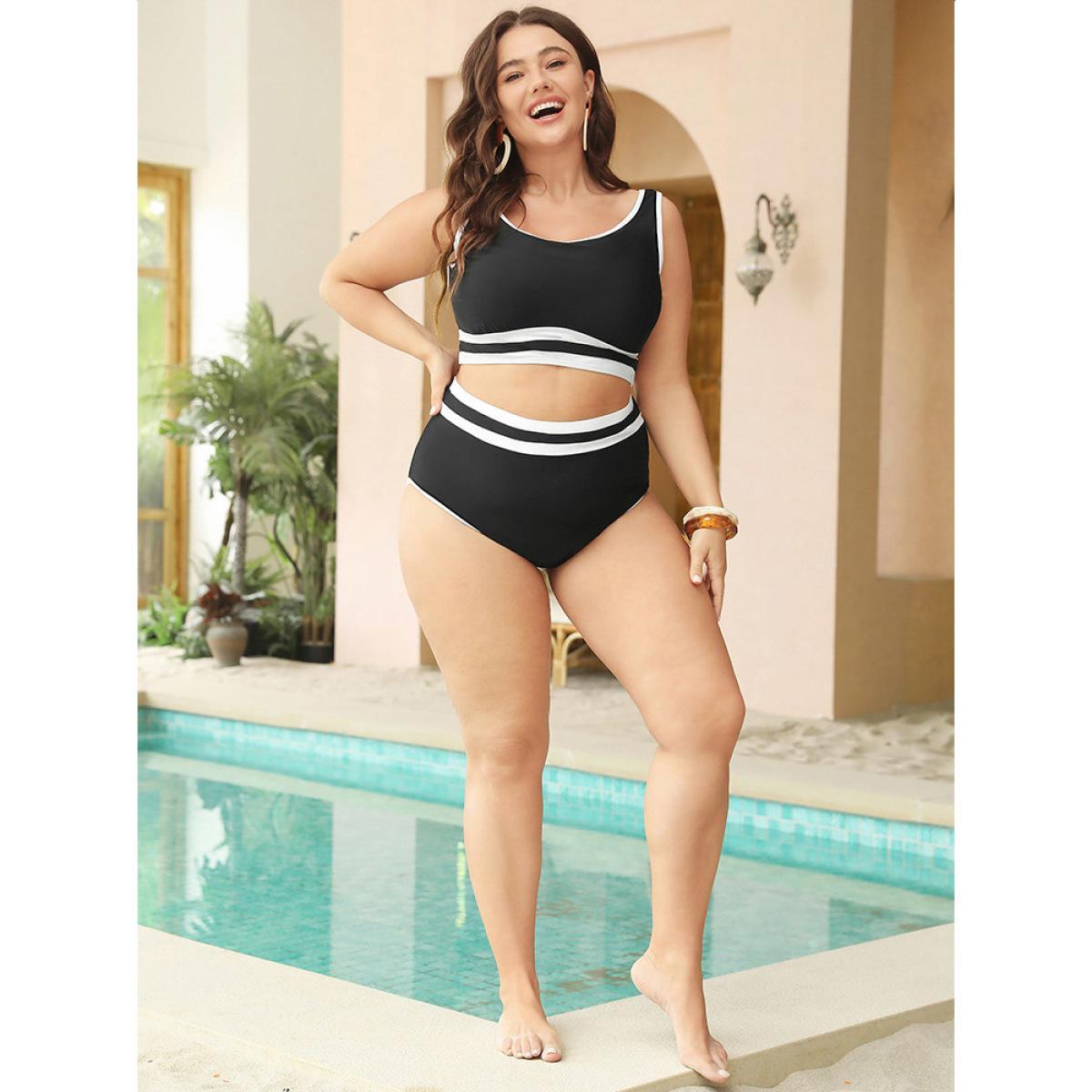 Plus Size Contrast Trim High Waist Bikini Bottom Women's Swimwear Black Vacation Contrast High stretch Skinny High Rise Curve Swim Bottoms BloomChic 26/4X Product Image