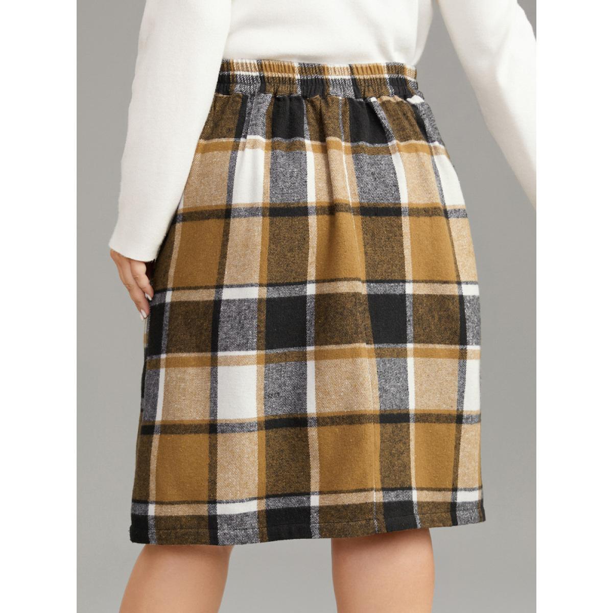 Plus Size Plaid Button Detail Patched Pocket Skirt Women Tan Office Elastic Waist Bodycon No stretch Pocket Work Skirts BloomChic 14-16/1X Product Image