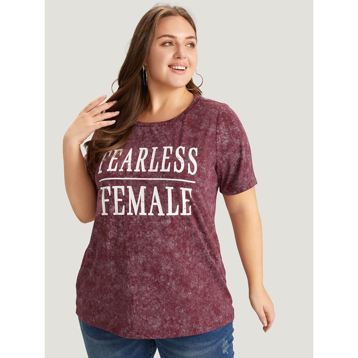 Plus Size Plain Letter Print Vintage T-shirt Burgundy Women Casual Printed Letter Dailywear T-shirts BloomChic 28/5X Product Image