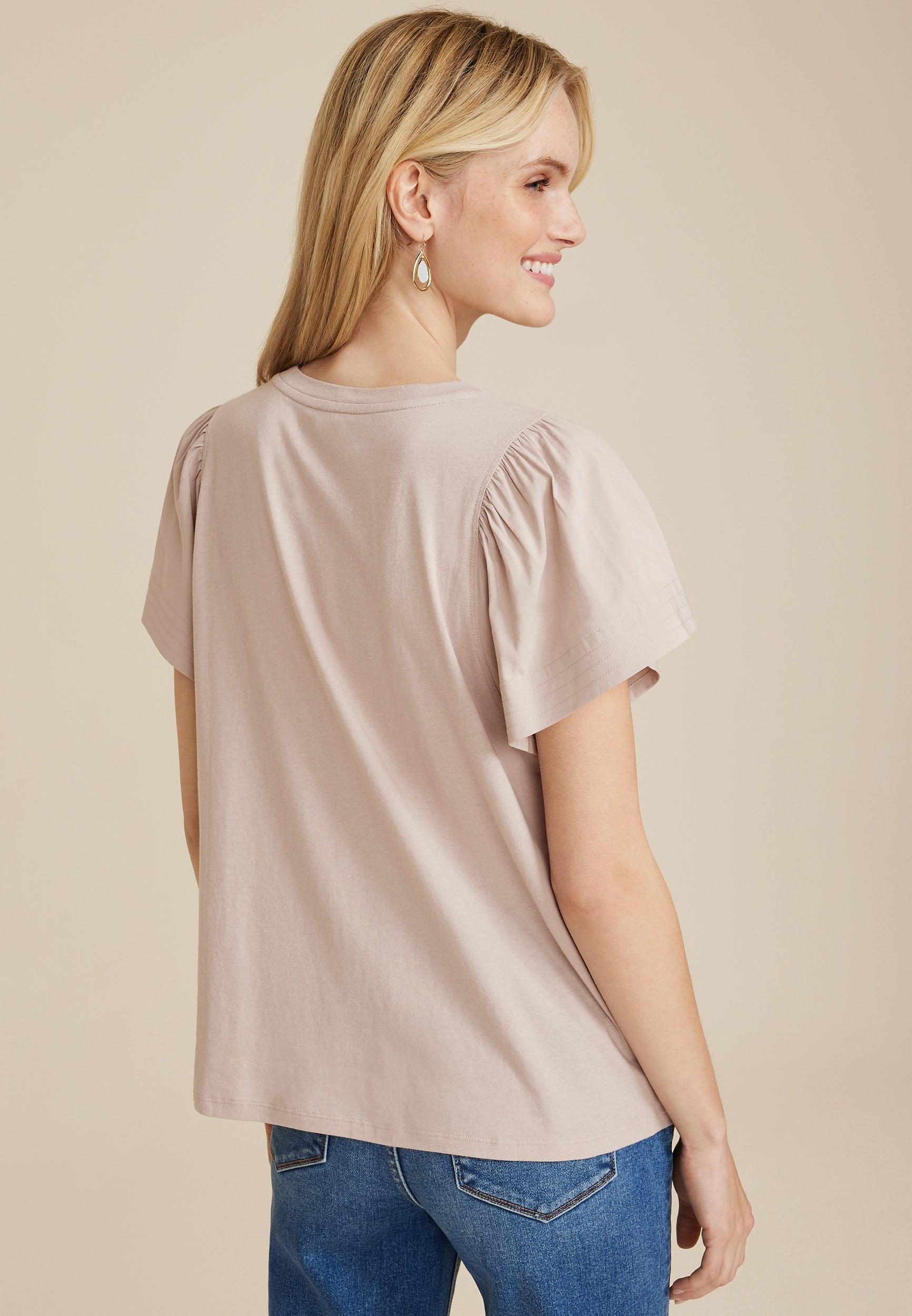 Maurices Womens X Small Size Woven Flutter Sleeve Tee Beige Product Image