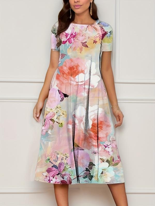 A-Line Loose Flower Print Pockets Round-Neck Midi Dresses Product Image