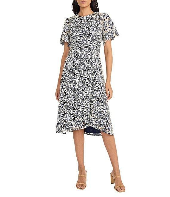 Maggy London Round Neck Flutter Sleeve Floral Lace A-Line Midi Dress Product Image
