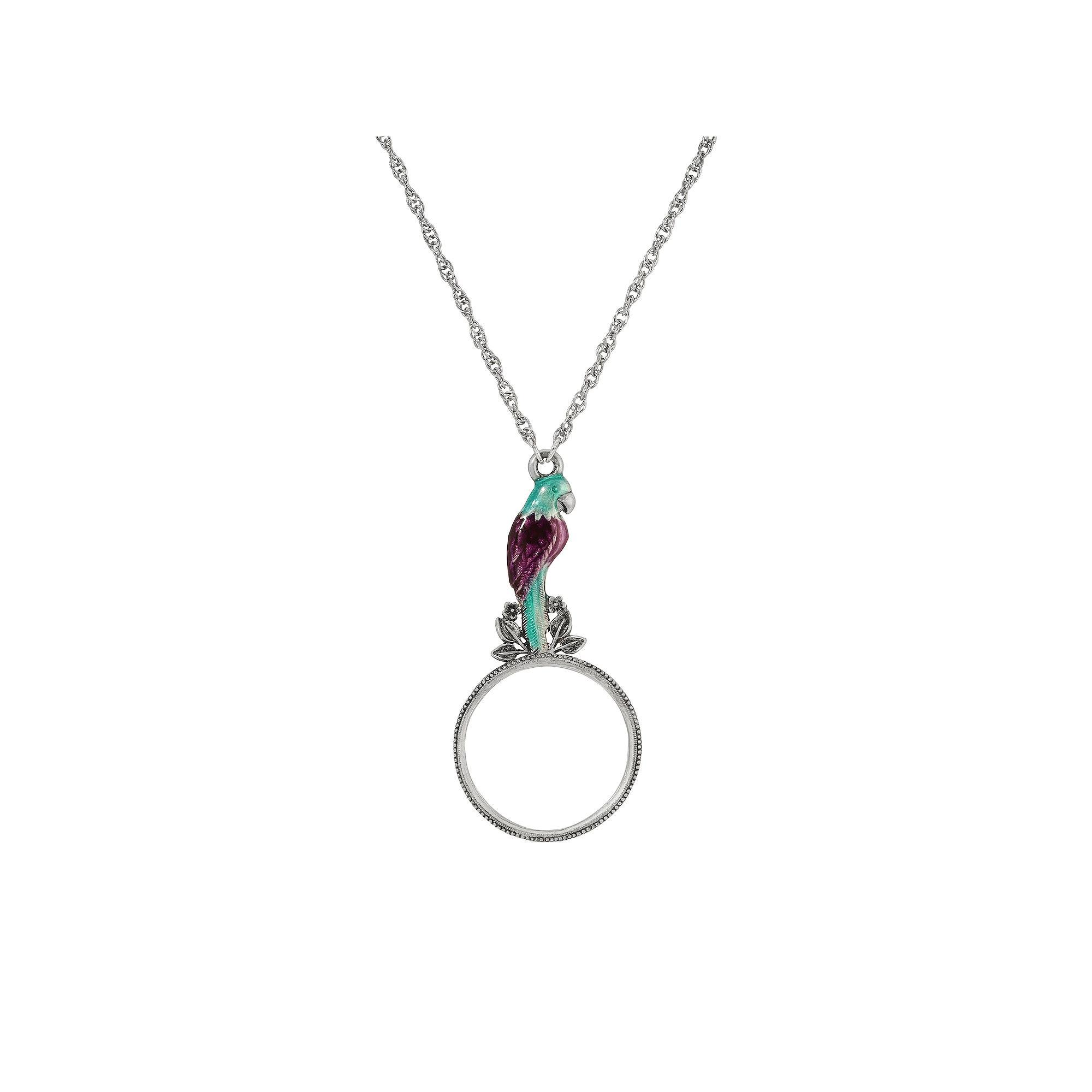 1928 Silver Tone Enamel Parrot Magnifier Necklace, Womens, Purple Product Image