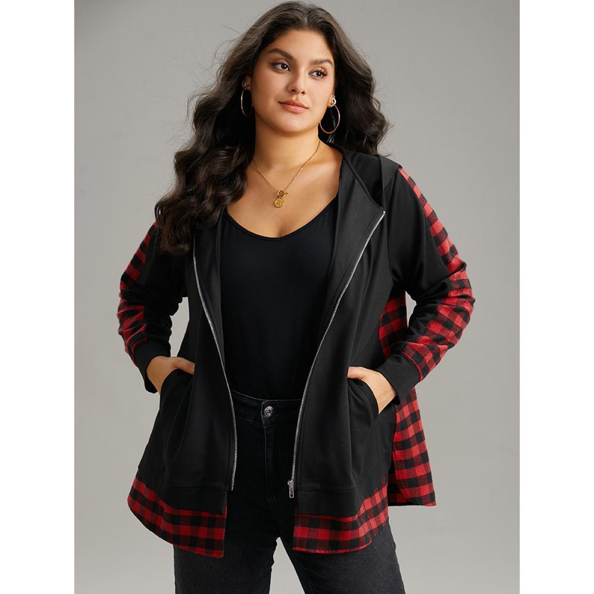 Plus Size Plaid Patchwork Zipper Hooded Asymmetrical Hem Jacket Women Black Contrast Pocket Dailywear Jackets BloomChic 14-16/1X Product Image