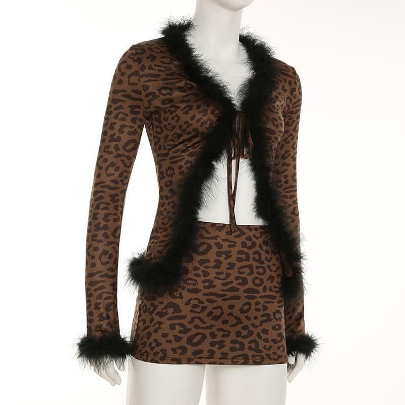 Set: Long Sleeve Leopard Print V-Neck Fluffy Trim Cardigan + Leopard Print Mini Skirt Product Image
