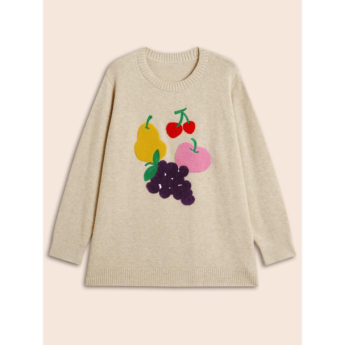 Plus Size Supersoft Essentials Crew Neck Fruit Embroidered Pullover Apricot Women Casual Long Sleeve Round Neck Everyday Pullovers BloomChic 10/M Product Image