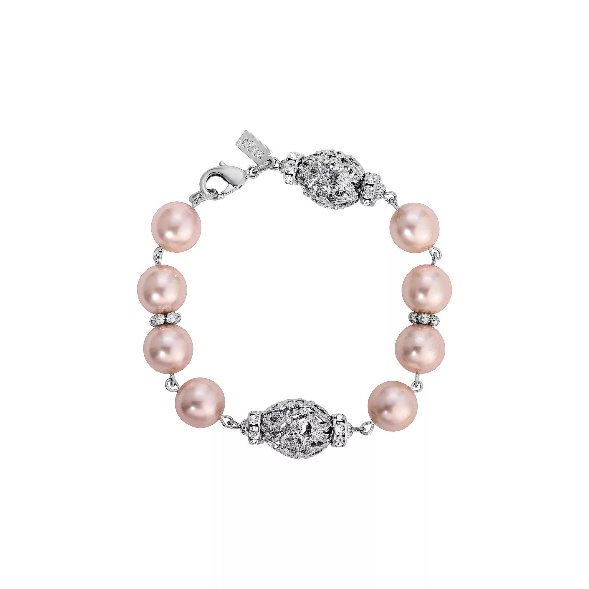1928 Silver Tone Filigree Faux Pearl Bracelet, Womens, Pink Product Image