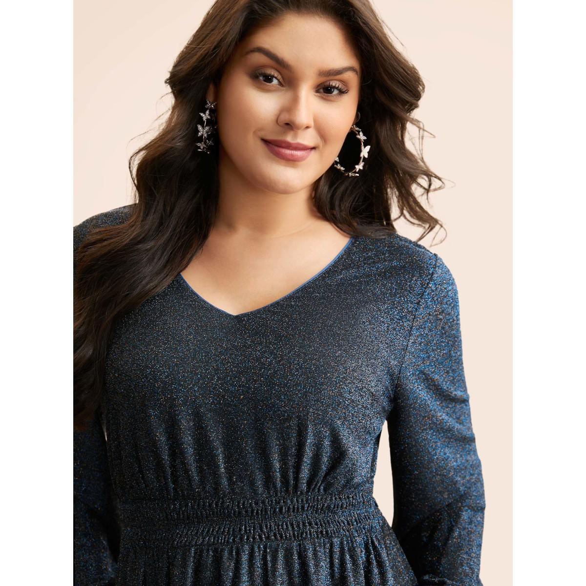 Plus Size V Neck Luxe Texture Shirred Dress Arctic Women Cocktail Texture Party Curvy Bloomchic 14-16/1X Product Image