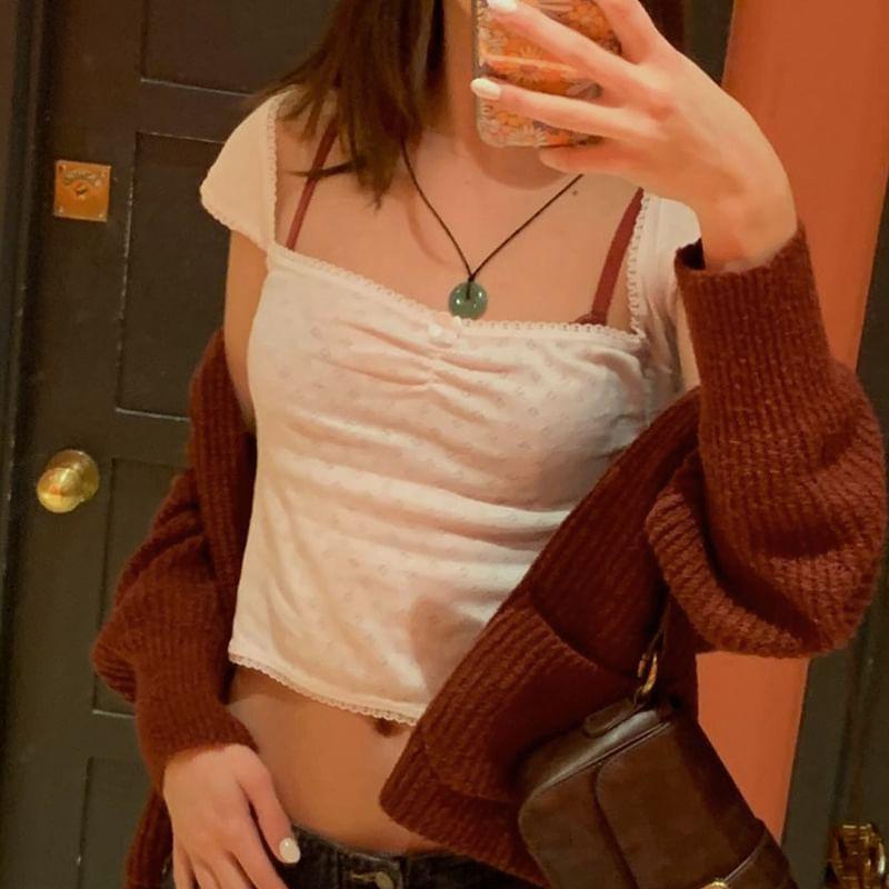 Short-Sleeve Square Neck Perforated Top Product Image