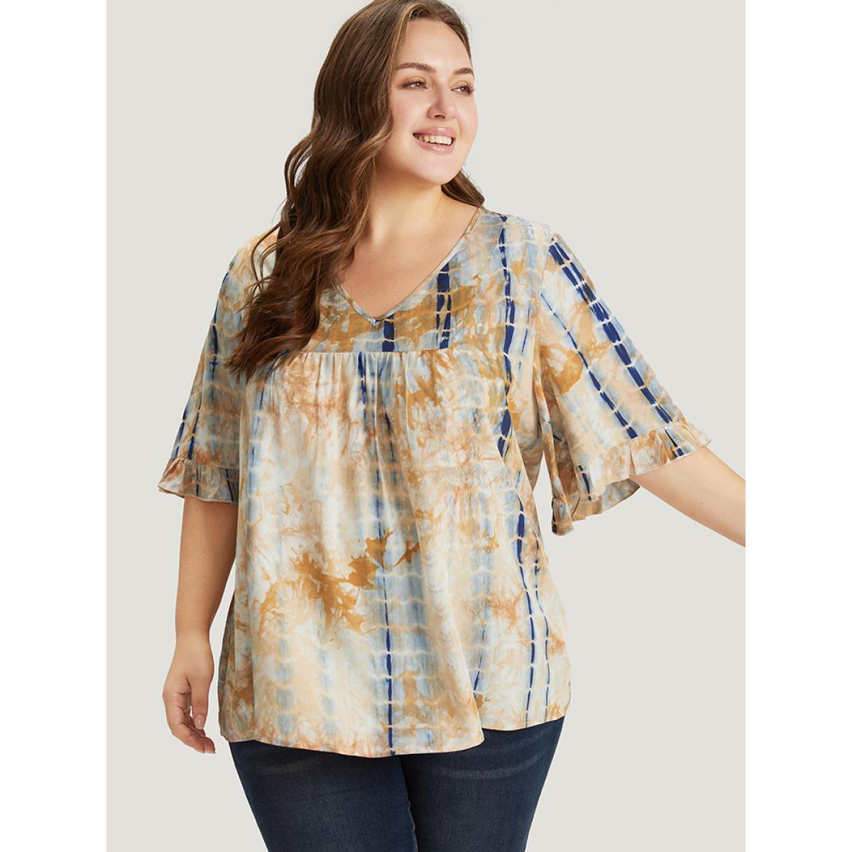 Plus Size Navy Tie Dye V Neck Flounce Sleeve Blouse Women Vacation Half Sleeve V-neck Dailywear Blouses BloomChic 28/5X Product Image
