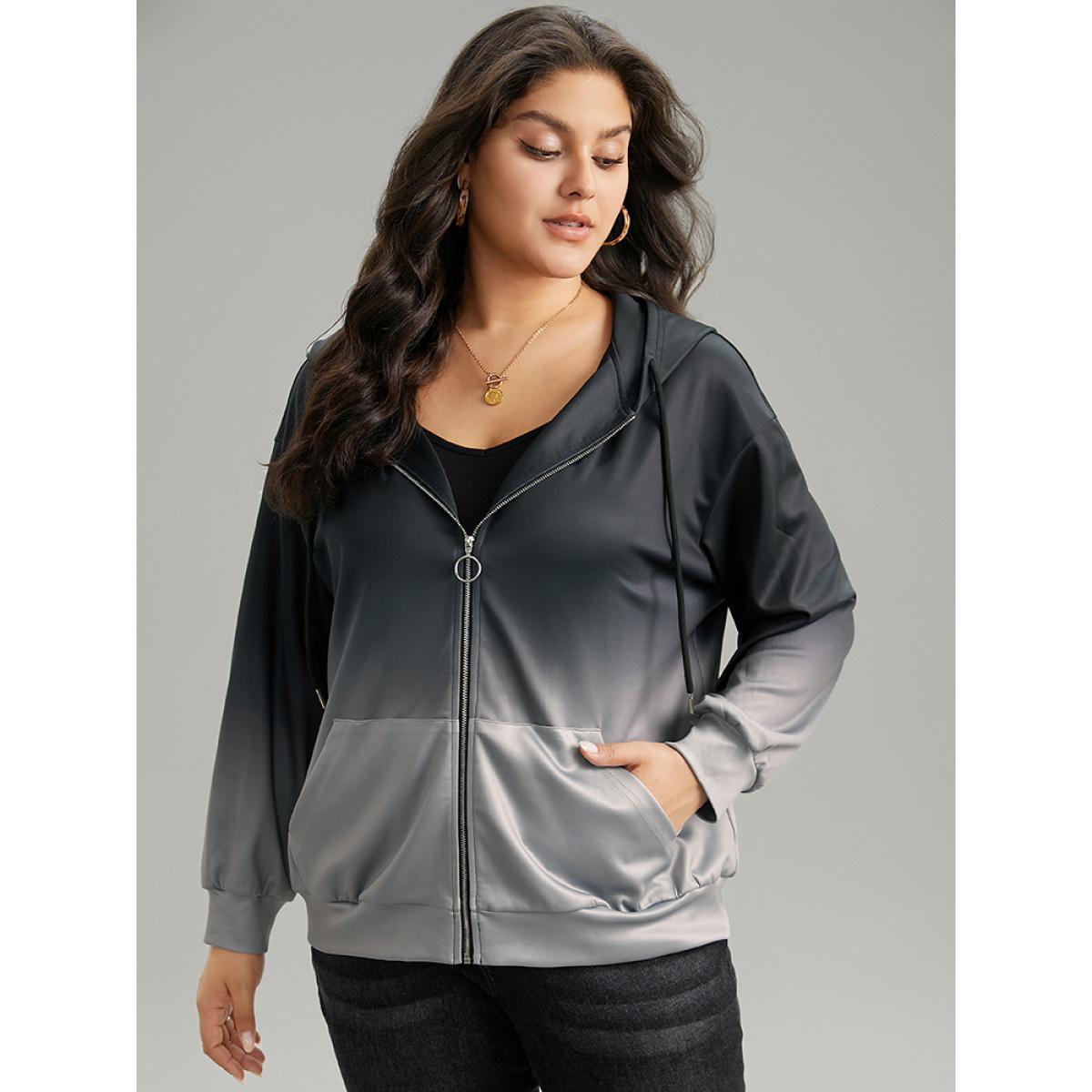 Plus Size Ombre Contrast Zipper Pocket Drawstring Jacket Women Gray Contrast Pocket Dailywear Jackets BloomChic 10/M Product Image