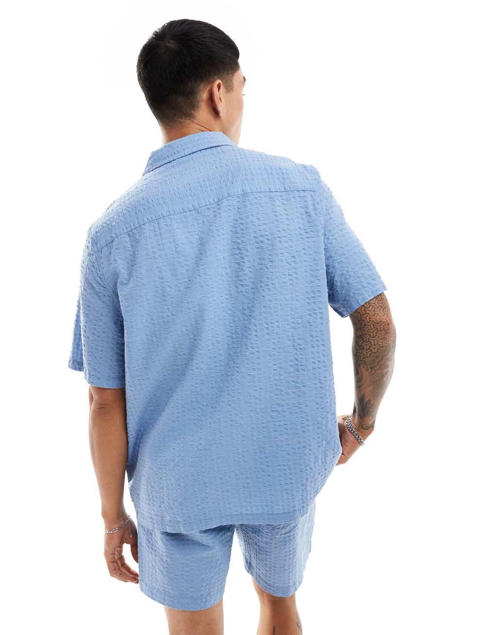 ASOS DESIGN 90s oversized short sleeve shirt in dusty blue seersucker texture - part of a set Product Image