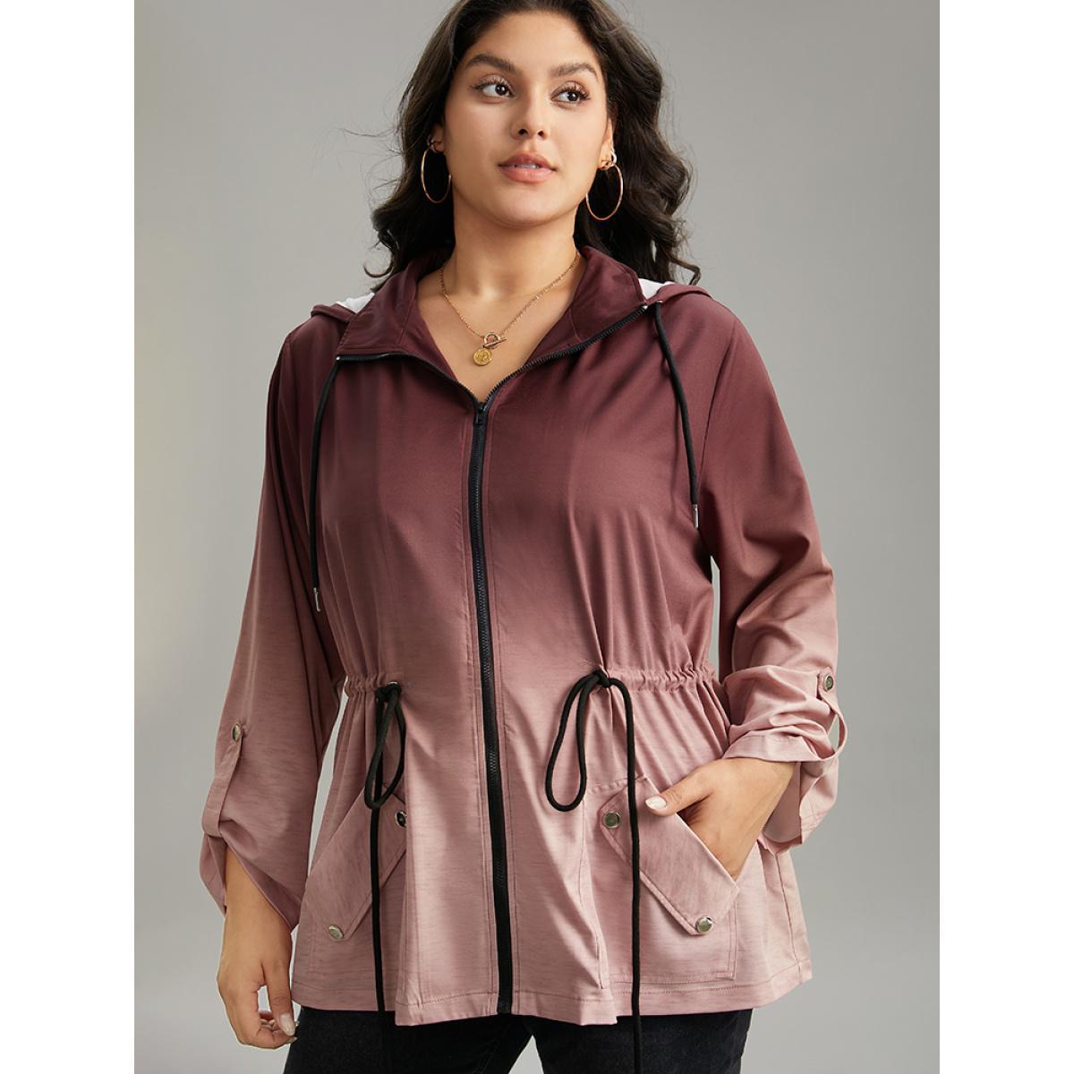 Plus Size Ombre Zipper Drawstring Pocket Tab Sleeve Jacket Women Scarlet Zipper Pocket Everyday Jackets BloomChic 10/M Product Image