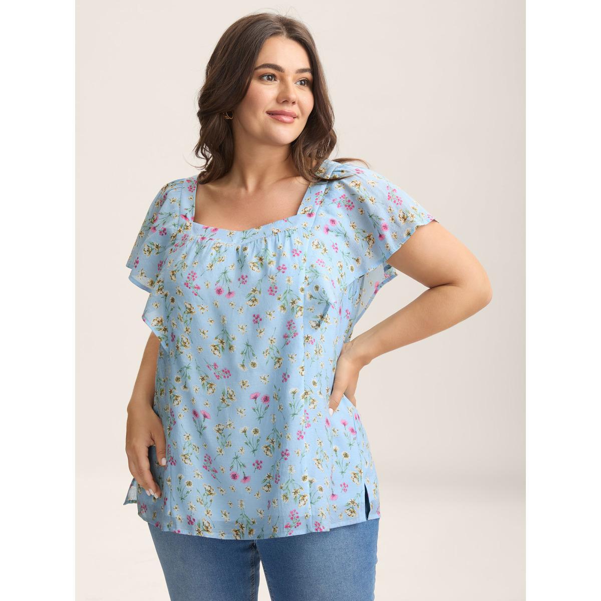 Plus Size LightBlue Floral Print Ruffled Flowy Blouse Women Cap Sleeve Square Neck Everyday-Elegant Blouses BloomChic 12/L Product Image