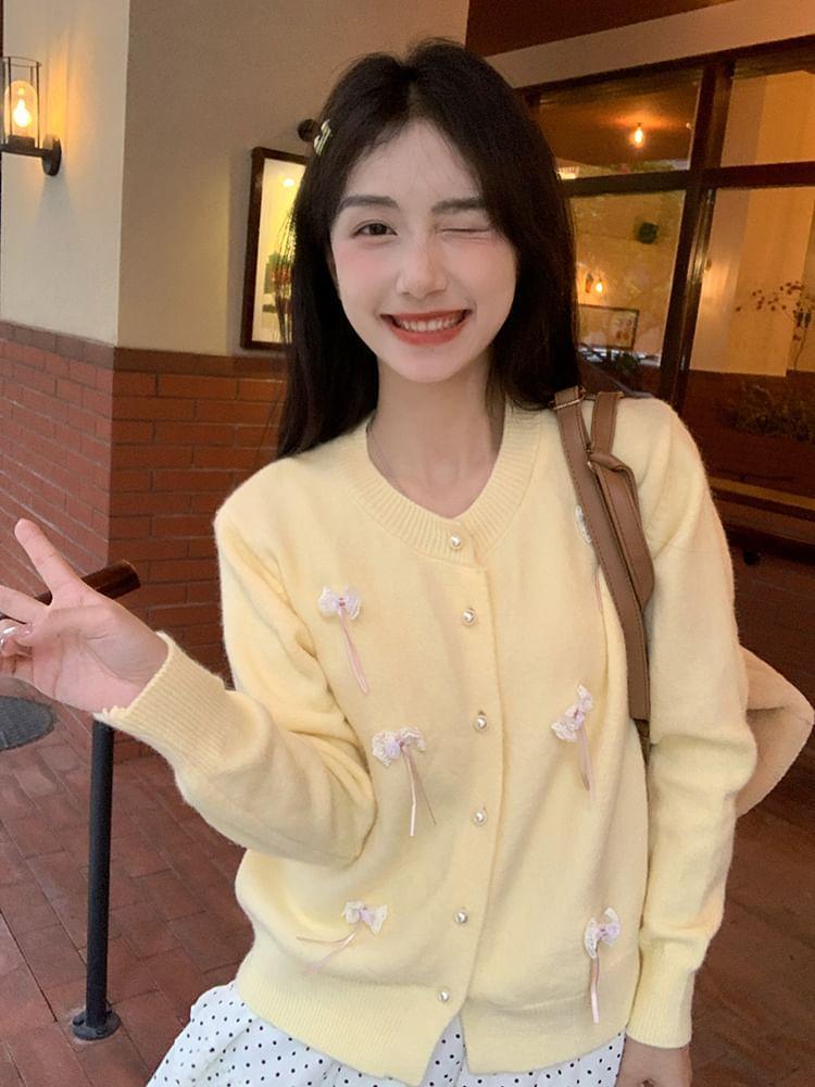 Round Neck Plain Bow Cardigan Product Image