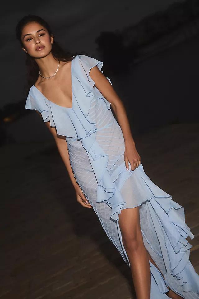 De La Vali Macaroon Pintuck Ruffled Chiffon Maxi Dress Product Image
