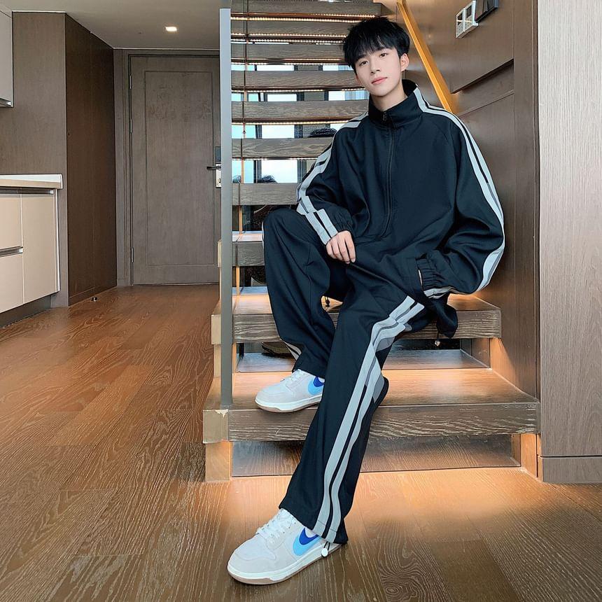 Set: Stand Collar Striped Zip Jacket + Mid Rise Striped Sweatpants Product Image