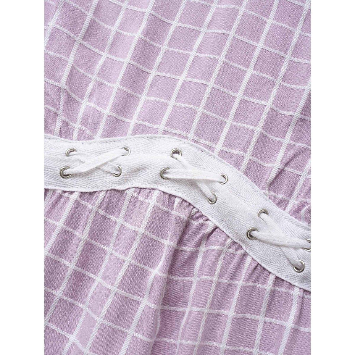 Plus Size Lavender Gingham Patchwork Lantern Sleeve Blouse Women Casual Elbow-length sleeve V-neck Everyday Blouses BloomChic 18-20/2X Product Image