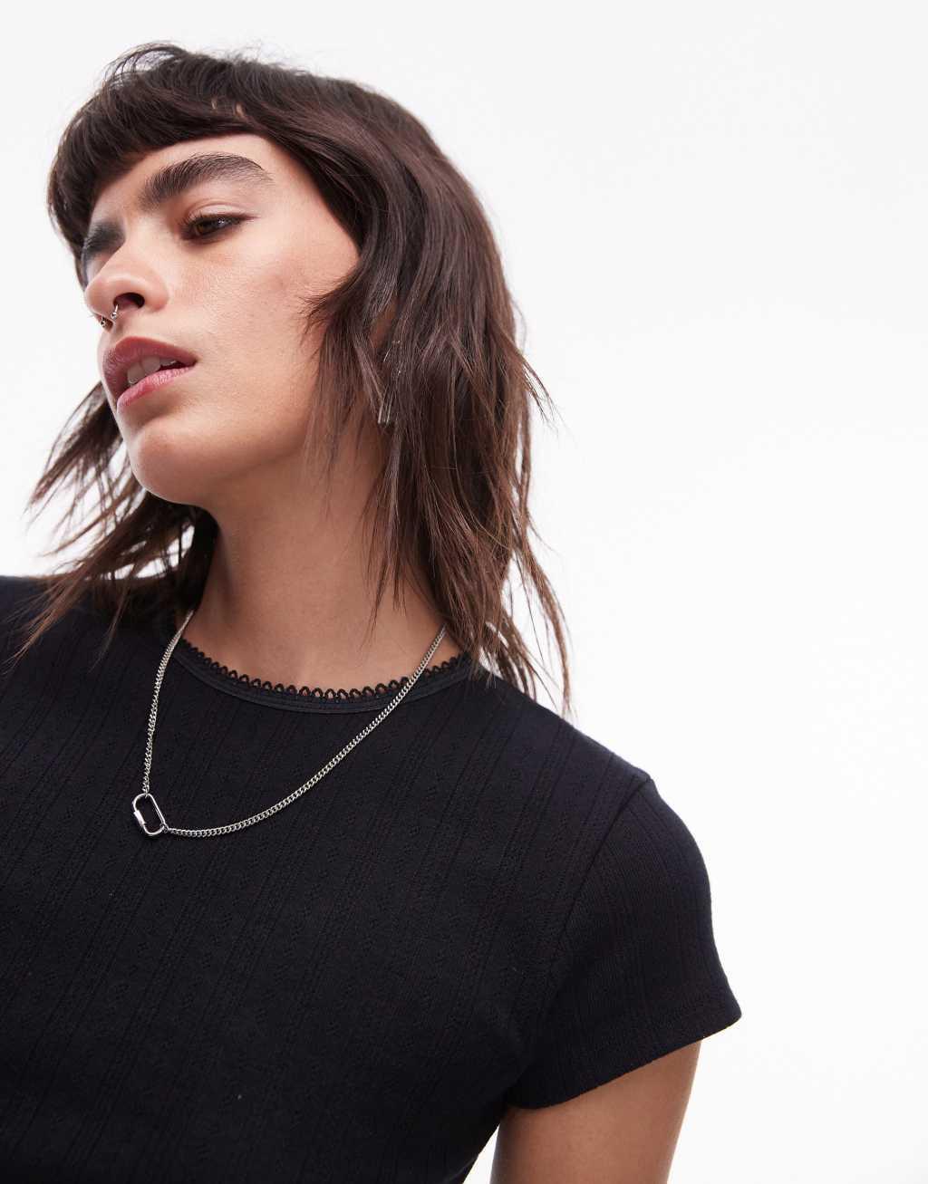 Topshop lace pointelle longline tee in black Product Image